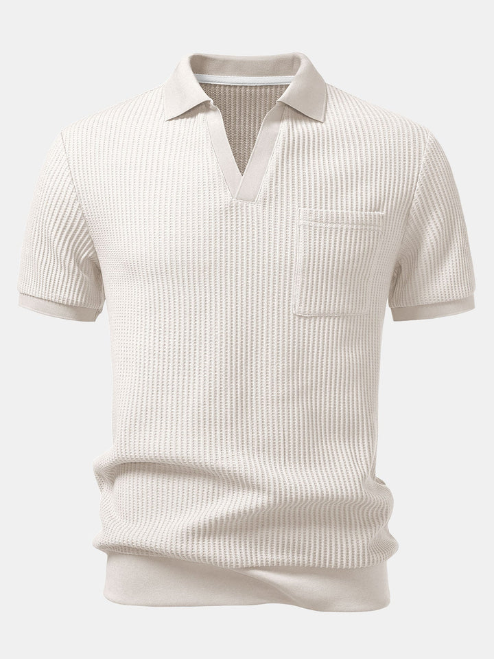 Waffle Johnny Collar Polo With Pocket & Drawstring Knitted Waffle Shorts