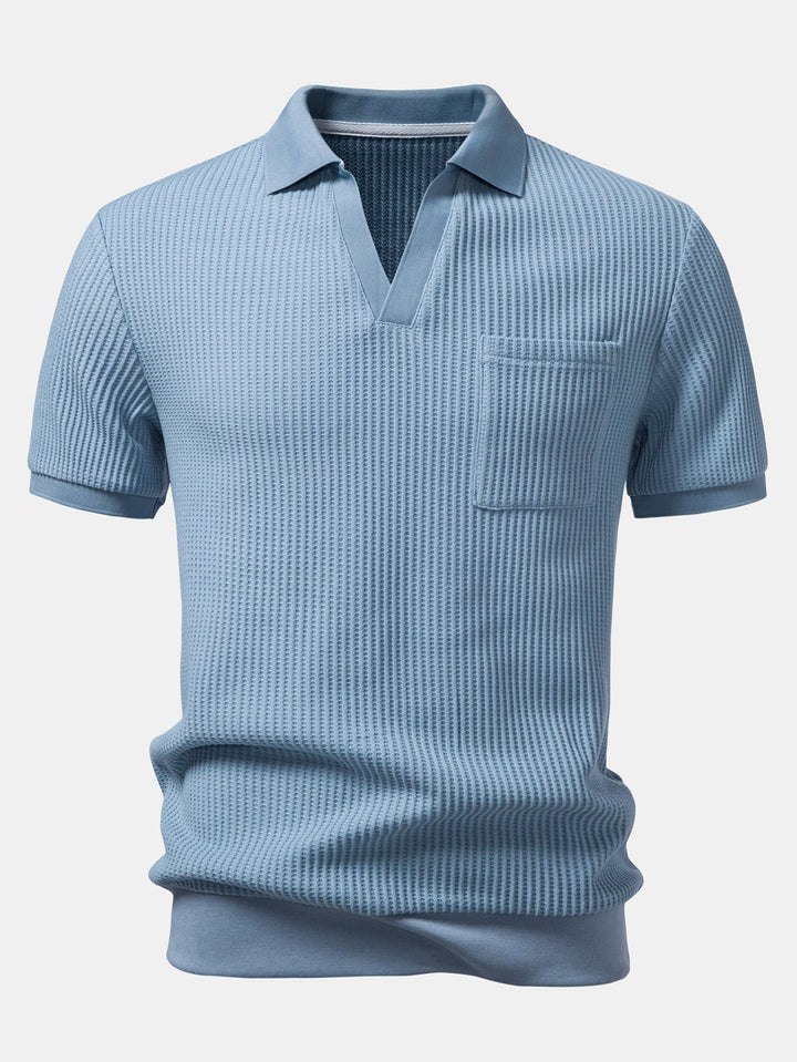 Waffle Johnny Collar Polo With Pocket & Drawstring Knitted Waffle Shorts