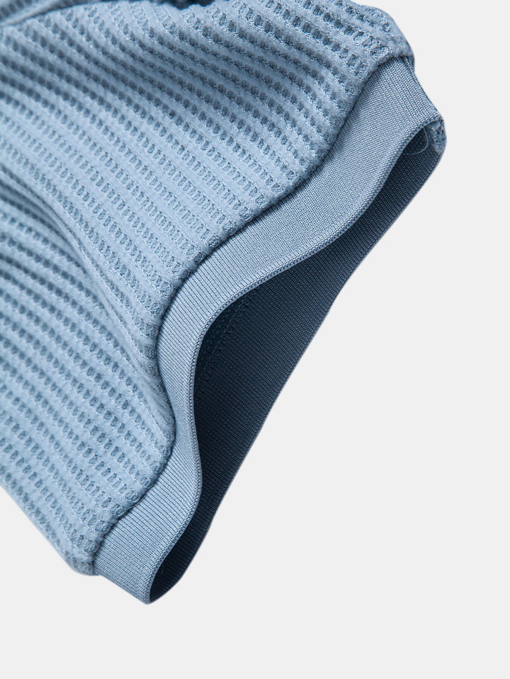 Waffle Johnny Collar Polo With Pocket & Drawstring Knitted Waffle Shorts