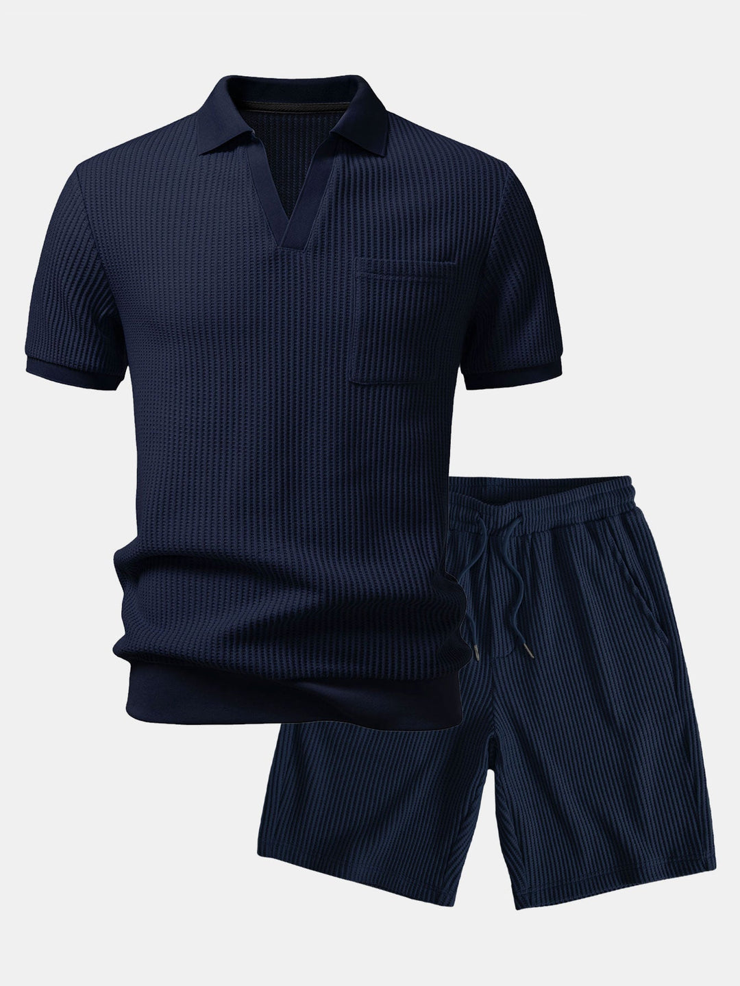 Waffle Johnny Collar Polo With Pocket & Drawstring Knitted Waffle Shorts