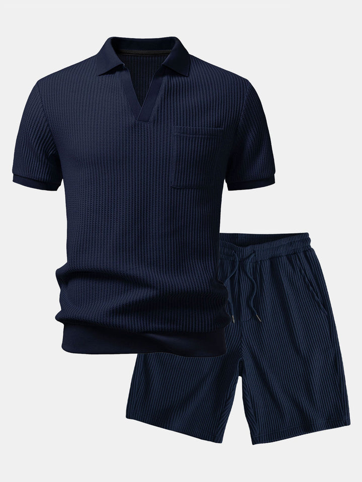 Waffle Johnny Collar Polo With Pocket & Drawstring Knitted Waffle Shorts