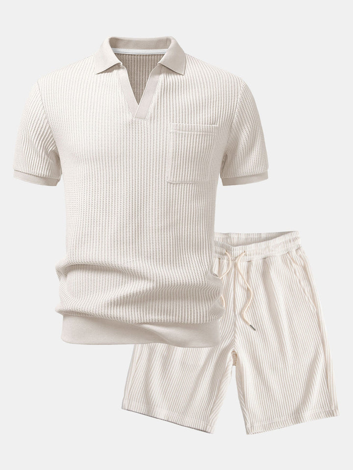 Waffle Johnny Collar Polo With Pocket & Drawstring Knitted Waffle Shorts