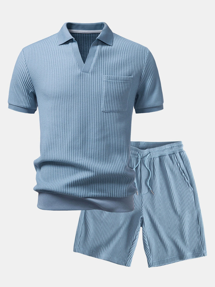 Waffle Johnny Collar Polo With Pocket & Drawstring Knitted Waffle Shorts